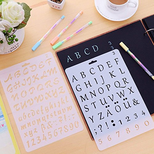 Juego de 4 plantillas de dibujo de alfabeto con varios estilos de plástico, números y letras, para manualidades, diario, álbumes de fotos, álbumes de recortes, agendas, proyectos de arte