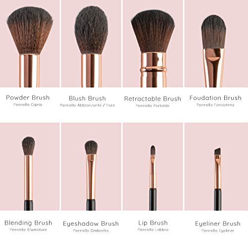 Juego de 8 pinceles de maquillaje color oro rosado fibras suaves Vegan kit de maquillaje de alta calidad, regalo elegante estuche para pinceles de viaje para limpiar pinceles profesional