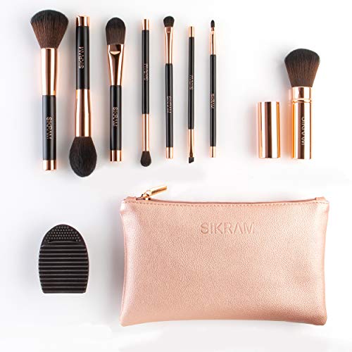 Juego de 8 pinceles de maquillaje color oro rosado fibras suaves Vegan kit de maquillaje de alta calidad, regalo elegante estuche para pinceles de viaje para limpiar pinceles profesional