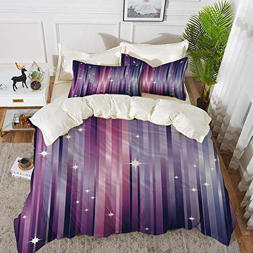 Juego de cama, microfibra,Berenjena, telón de fondo de vigas coloridas abstractas con estrellas blancas espacio inspirado líneas púrp,1 juego de funda nórdica 240 x 2602 fundas de almohada 50x80cm