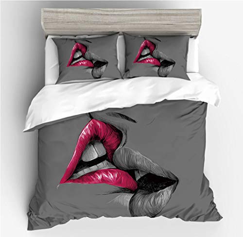 Juego de Funda Nórdica Beso Kiss,Sexy Mujer Labios Rojos Lips Sonriendo Ropa de Cama Impreso en 3D con Fundas de Almohada Funda de Edredón de Microfibra para Mujeres Niñas (Gris, 230_x_260_cm)