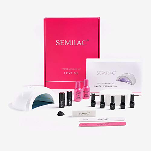 Juego de herramientas híbridas de SEMILAC con LED Love Me de 48 / 24 W, set de iniciación – 5 esmaltes de uñas de color Top y Base limpiador de uñas Acetone Striper
