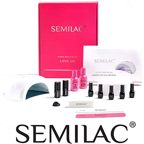 Juego de herramientas híbridas de SEMILAC con LED Love Me de 48 / 24 W, set de iniciación – 5 esmaltes de uñas de color Top y Base limpiador de uñas Acetone Striper