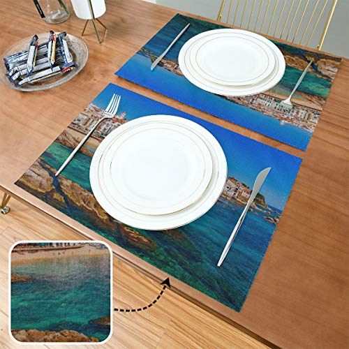 Juego de manteles individuales de 6, tapetes lavables con aislamiento térmico, paisaje marino Calella de Palafrugell Cataluña 18 x 12 pulgadas manteles de cocina manteles individuales para mesa de co