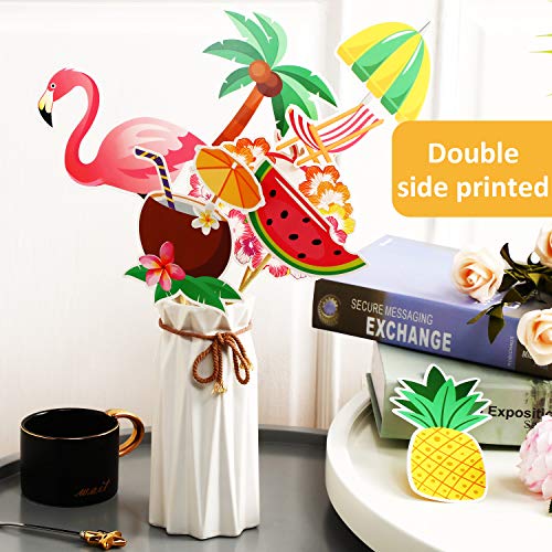 Juego de Palitos de Centro de Mesa de Fiesta Hawaiana 28 Topper de Mesa Tropicales Decoración Fiesta de Palma Piña Flamenco para Baby Shower Cumpleaños Fiesta Tema Verano Luau , 7 Estilos