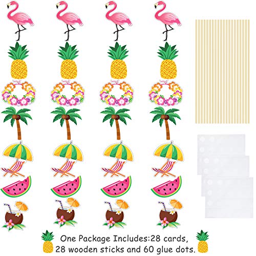 Juego de Palitos de Centro de Mesa de Fiesta Hawaiana 28 Topper de Mesa Tropicales Decoración Fiesta de Palma Piña Flamenco para Baby Shower Cumpleaños Fiesta Tema Verano Luau , 7 Estilos