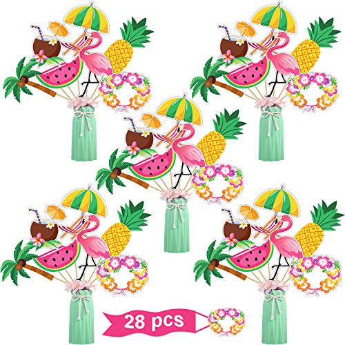 Juego de Palitos de Centro de Mesa de Fiesta Hawaiana 28 Topper de Mesa Tropicales Decoración Fiesta de Palma Piña Flamenco para Baby Shower Cumpleaños Fiesta Tema Verano Luau , 7 Estilos