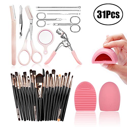 Juego de pinceles de maquillaje LuLyL de 20 piezas, juego de herramientas de corte de cejas de 10 piezas, huevo de belleza de 1 pieza, se puede usar para sombras de ojos, cejas y delineador de ojos.