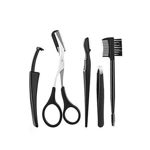 Juego de pinzas para cejas, 5 piezas de pinzas de acero inoxidable, tijeras para cejas, herramientas para recortar las cejas, pinzas, afeitadora de cejas y cepillo para pestañas, negro