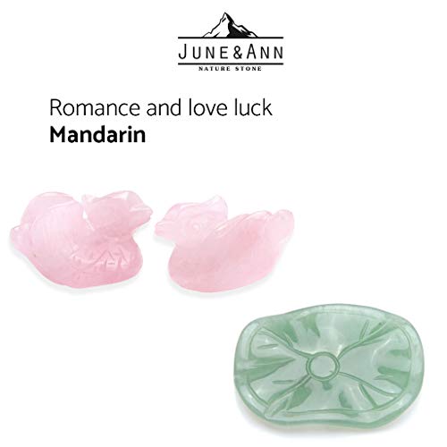 June&Ann - Patos de mandarín de cuarzo rosa, piedra natural, diseño de pájaros en aventurina verde, diseño de hojas de loto de cristal Feng Shui