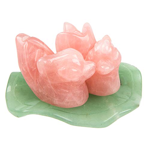 June&Ann - Patos de mandarín de cuarzo rosa, piedra natural, diseño de pájaros en aventurina verde, diseño de hojas de loto de cristal Feng Shui