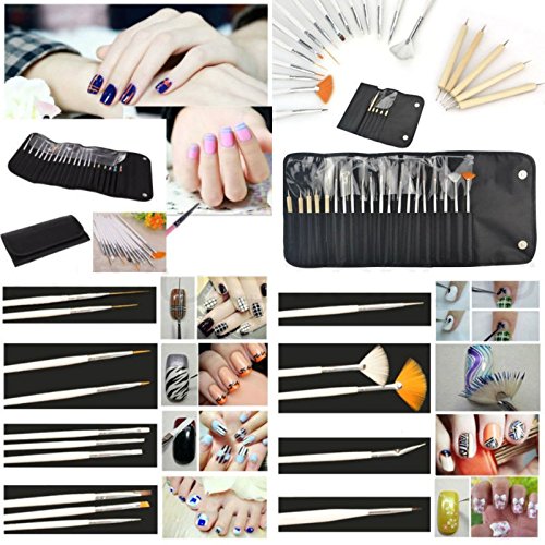 JZK Set de 20 pinceles uñas gel profesionales para diseño de uñas, cepillos uñas punzones para decoración de uñas pintura patrón puntos trabajo detalle, con bolso negro