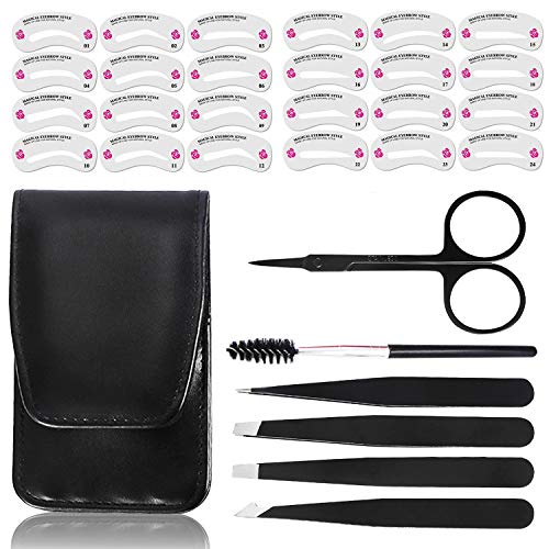 Kalolary 30Pcs Set de pinzas de tijeras para cejas, pinzas de cejas de acero inoxidable Kit de plantillas de cejas con cepillo, set de pinzas de gran precisión para cejas