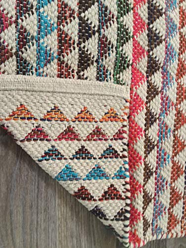Karal - Alfombra geométrica pequeña de algodón natural multicolor con diseño abstracto de rayas triángulo