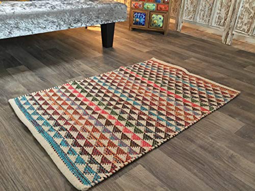 Karal - Alfombra geométrica pequeña de algodón natural multicolor con diseño abstracto de rayas triángulo