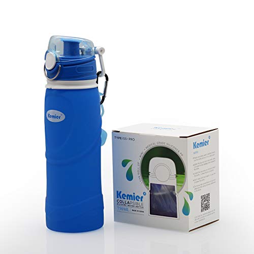 Kemier Botellas de Agua de Silicona Plegables–750ML,Calidad Médica Libre de BPA,Aprobado por FDA.Enrollarse,Botellas de Agua Plegables a Prueba de Fugas para el Aire Libre y Deportes(Azul)