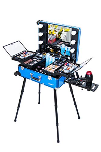 Kemier Estuche de Maquillaje,Mesa de Entrenamiento de Cosméticos con 4 Ruedas y Luces y Espejo,Tablero de Cubierta y Bandejas Extensibles Fáciles de Limpiar,Piernas Ajustables,Robusto(Azul)