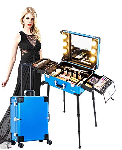 Kemier Estuche de Maquillaje,Mesa de Entrenamiento de Cosméticos con 4 Ruedas y Luces y Espejo,Tablero de Cubierta y Bandejas Extensibles Fáciles de Limpiar,Piernas Ajustables,Robusto(Azul)