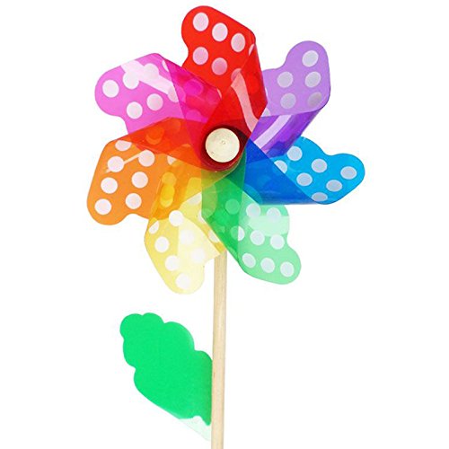 Kentop 3 Couleurs Arc-en-Ciel Moulin à Vent avec Manche en Bois Pot de Jardin Terrasse, Jouet pour Enfant, Regenbogenfarbe, 18 cm
