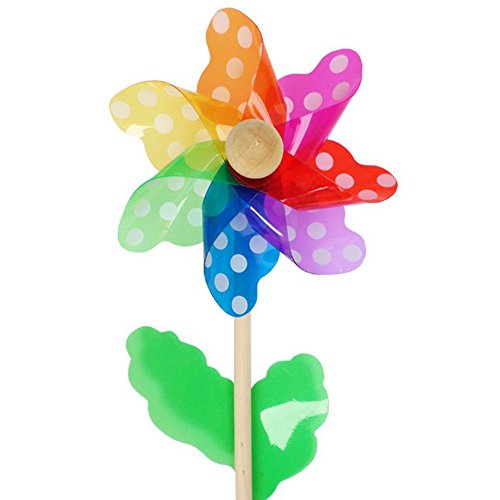 Kentop 3 Couleurs Arc-en-Ciel Moulin à Vent avec Manche en Bois Pot de Jardin Terrasse, Jouet pour Enfant, Regenbogenfarbe, 18 cm