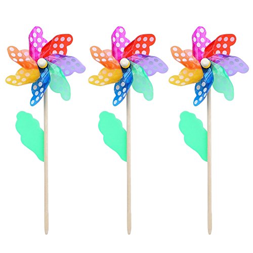 Kentop 3 Couleurs Arc-en-Ciel Moulin à Vent avec Manche en Bois Pot de Jardin Terrasse, Jouet pour Enfant, Regenbogenfarbe, 18 cm
