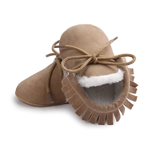 Kfnire zapatos de bebé, borla dulce de invierno con cordones zapatos calientes para bebé niña suela suave botas (4.3 pulgadas / 0-6 meses, caqui)