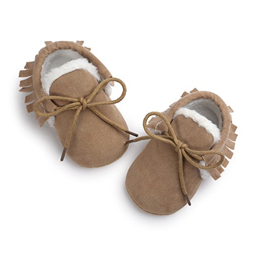 Kfnire zapatos de bebé, borla dulce de invierno con cordones zapatos calientes para bebé niña suela suave botas (4.3 pulgadas / 0-6 meses, caqui)