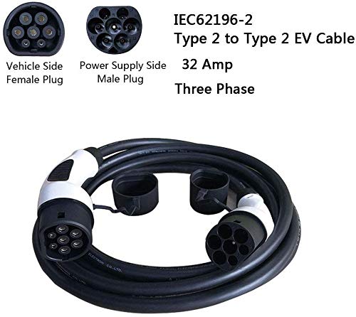 K.H.O.N.S. EV Cable de Carga Tipo 2 a Tipo 2 32A IEC62196-2 Trifásico, 22KW/11KW (3 Fases) EVSE Conectores de Carga para Vehículos Eléctricos, 5M Cable y Bolsa