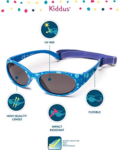 Kiddus Gafas de sol KIDS COMFORT para niña niño. A partir de 2 años. Filtro solar UV400. Banda ajustable y extraíble. Hechas de Goma. Resistentes a Impactos, Muy Flexibles.
