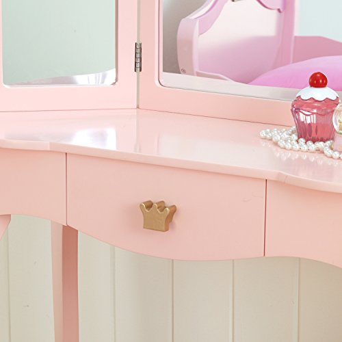 KidKraft- Princess Juego de tocador con espejo y taburete de madera, cuarto de juegos para niños/muebles de dormitorio, Color Rosa (76123)