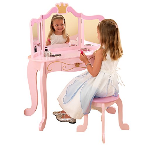 KidKraft- Princess Juego de tocador con espejo y taburete de madera, cuarto de juegos para niños/muebles de dormitorio, Color Rosa (76123)