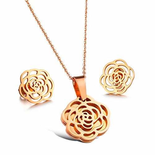 Kim Johanson - Juego de Joyas de Acero Inoxidable para Mujer, Collar de Oro Rosa con Colgante y Pendientes, diseño de Flores, Incluye Bolsa de Regalo