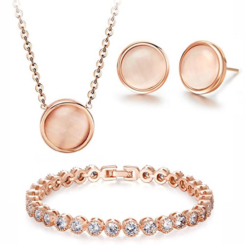 Kim Johanson - Juego de joyas de acero inoxidable para mujer con perla, collar de oro rosa con colgante, pendientes y pulsera, incluye bolsa de regalo