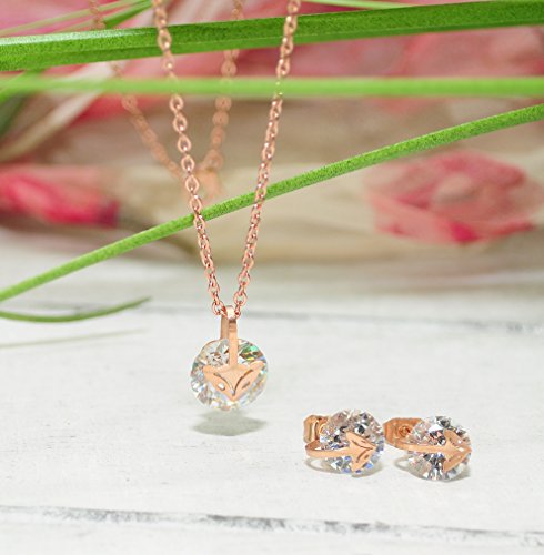 Kim Johanson - Juego de Joyas de Acero Inoxidable para Mujer, diseño de Zorro en Oro Rosa, Collar con Colgante, Pendientes y Pulsera, Incluye Bolsa de Regalo