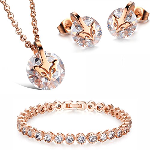 Kim Johanson - Juego de Joyas de Acero Inoxidable para Mujer, diseño de Zorro en Oro Rosa, Collar con Colgante, Pendientes y Pulsera, Incluye Bolsa de Regalo