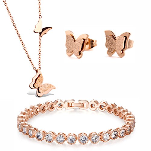 Kim Johanson Juego de joyas mujer acero inoxidable Mariposa en oro rosa collar con colgante, pendientes & pulsera con circonita piedra Chen cubierto con joyas bolsa