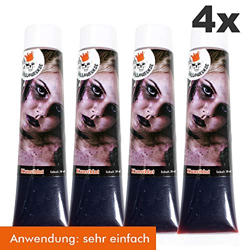 King of Halloween - Tubo de sangre artificial para Halloween, 4 tubos oscuros de 28,3 ml, maquillaje zombie prémium, copo de vampiro, falso sombrero de noche