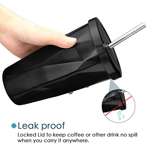 KINGSO Termo Taza 480 ml, Vaso Termico de Viaje con Pajita y Tapa a Prueba de Fugas, Taza de Café Cerveza e Acero INOX 18/8 con Aislamiento al Vacío para Bebidas Frías o Calientes Negro