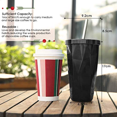 KINGSO Termo Taza 480 ml, Vaso Termico de Viaje con Pajita y Tapa a Prueba de Fugas, Taza de Café Cerveza e Acero INOX 18/8 con Aislamiento al Vacío para Bebidas Frías o Calientes Negro