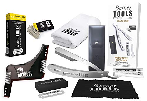 Kit de afeitado – Cuchilla intercambiable + 40 cuchillas dobles (80 hojas sencillas) + paño + barra de alumbre + funda de almacenamiento + toalla de afeitado + peine plantilla (trazador de contorno)