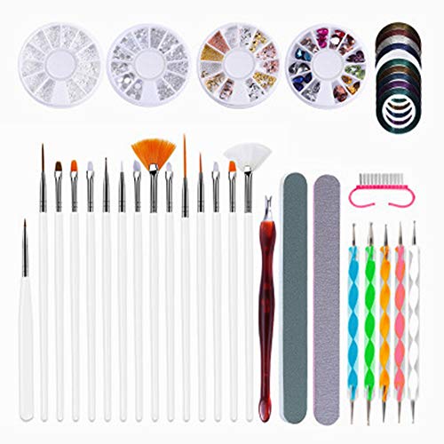 Kit de Decoración de Uñas, Juego de Diseño de Arte de Uña, 15pcs Pinceles para Uñas, 10pcs Rollos de Cintas Adhesivas Uñas, 5pcs de Lápiz de Punto, 4 Cajas de Diamantes de Uñas