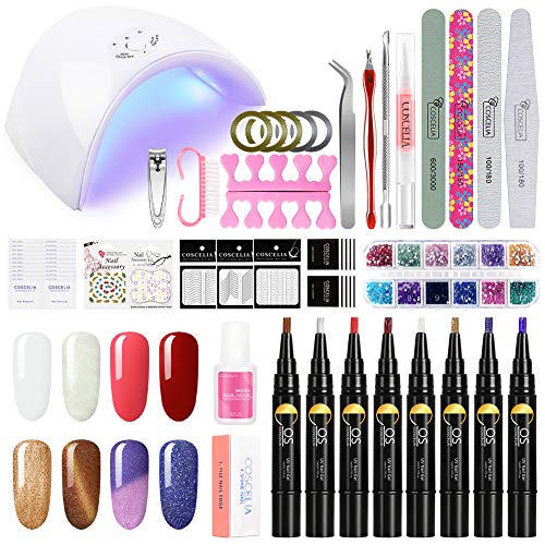 Kit de Esmalte de Uñas Semipermanente 8pcs Lápiz Pintauñas de Un Paso de Gel 3 en 1 sin Necesidad de Base Coat y Top Coat con Lampara 36W LED/UV Kit de Manicura y Pedicura