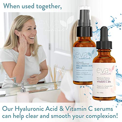 Kit de Hidratación y Brillo Eva Naturals - Incluye Suero de Ácido Hialurónico y Suero de Vitamina C al 20% - Restaura la Humedad y Rellena la Piel Mientras Tonifica, Aclara y Suaviza el cutis