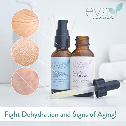 Kit de Hidratación y Brillo Eva Naturals - Incluye Suero de Ácido Hialurónico y Suero de Vitamina C al 20% - Restaura la Humedad y Rellena la Piel Mientras Tonifica, Aclara y Suaviza el cutis