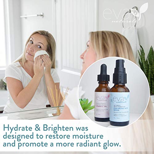 Kit de Hidratación y Brillo Eva Naturals - Incluye Suero de Ácido Hialurónico y Suero de Vitamina C al 20% - Restaura la Humedad y Rellena la Piel Mientras Tonifica, Aclara y Suaviza el cutis