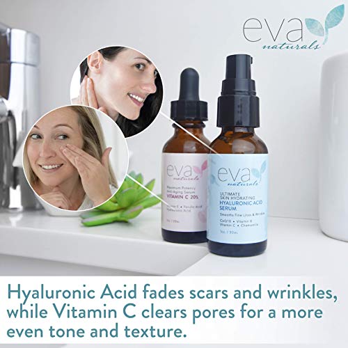 Kit de Hidratación y Brillo Eva Naturals - Incluye Suero de Ácido Hialurónico y Suero de Vitamina C al 20% - Restaura la Humedad y Rellena la Piel Mientras Tonifica, Aclara y Suaviza el cutis