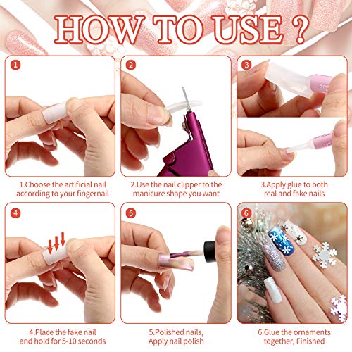 Kit de Uñas Artificiales 511 Piezas incluye 500 Uñas Postizas de Mitad de Cubierta Puntas de Uñas de Acrílico, 10 Pegamentos y un Cortador de Uñas para Manicura