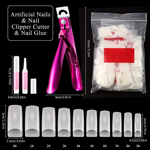 Kit de Uñas Artificiales 511 Piezas incluye 500 Uñas Postizas de Mitad de Cubierta Puntas de Uñas de Acrílico, 10 Pegamentos y un Cortador de Uñas para Manicura
