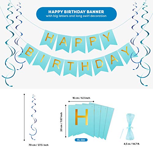 Kit Decoración Fiesta Cumpleaños Niño - Pancarta Happy Birthday, Pompones, Globos, Globos Confeti, Banderas, Serpentinas y Guirnalda - Conjunto Azul y Blanco para Celebración de Niño - 59 Piezas