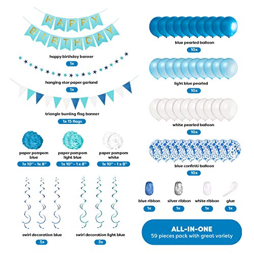 Kit Decoración Fiesta Cumpleaños Niño - Pancarta Happy Birthday, Pompones, Globos, Globos Confeti, Banderas, Serpentinas y Guirnalda - Conjunto Azul y Blanco para Celebración de Niño - 59 Piezas